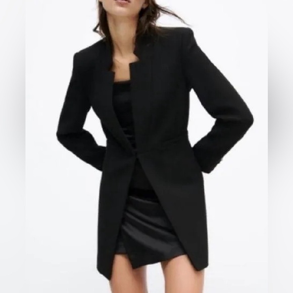 ZARA WOMEN INVERTED LAPEL FROCK COAT LONG BLAZER BLACK CLASSIC SIZE L - Picture 8 of 12